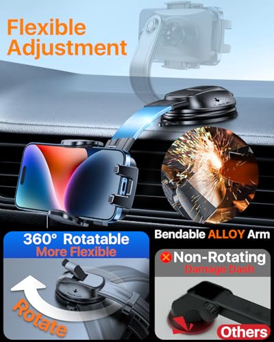HTU Upgraded Strongest Suction Car Phone Holder Bendable Arm, Never Block View Rotatable Cellphone Mount for Dashboard Windshield Vent, Cradle Stand for iPhone 17 16 15 14 13 12 Pro Max (Black) - color: Black