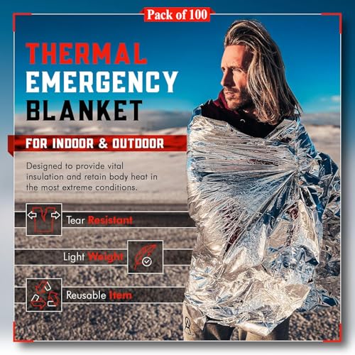 Mart Cobra Emergency Blanket 100-Pack | Reflective Thermal Blanket | Survival Gear | Lightweight Mylar Blankets | Retains 90% Body Heat | Essential for Camping, First Aid, Homeless Care Package Bulk - size: 100 Pack