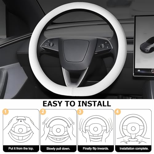 Microfiber Leather Universal 14.5-15 inch Steering Wheel Cover,Easy to Install Non-Slip Breathable Steering Wheel Protector White - color: White