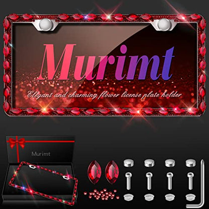 Red Bling License Plate Frame, Sparkly Stainless Steel License Plate Holder for Women, Set with 44 Gemstones, 400 14 Faceted Glass Diamond Rhinestones License Plate Covers(1pack) - color: red