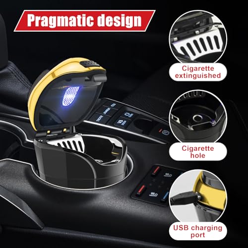 Car Ashtray with Lid, Detachable USB Rechargeable Auto Cigarette Lighter with Blue LED Light, Portable Smell Proof Stainless Car Ash Tray, Mini Automotive Trash Can (Golden) - color: Golden