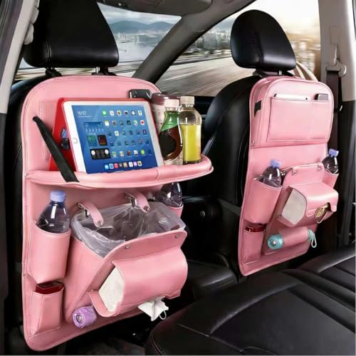 Leather Car Backseat Organizer with Foldable Table Tray, Car Storage Organizer with Tablet Holder, Car Seat Back Protectors Kick MatsTravel Accessories - color: Pink