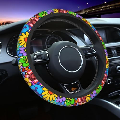 Hippie Flower Steering Wheel Cover Car Accessories Cute for Women Girls Girly Universal 15 Inch Neoprene Auto Interior Decor Anti Slip Car Truck Protector - color: Hippie Flower