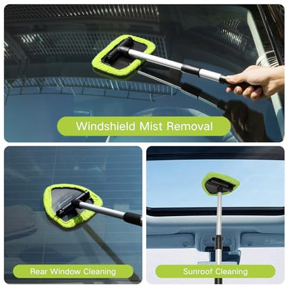 Qydipclin 10pcs Windshield Cleaning Tool Inside Car Window Cleaner Wash Kit with 4 Reusable Microfiber Pads 1 Spray Bottle and Extendable Handle Interior Auto Glass Wiper Kit, Green - color: Green