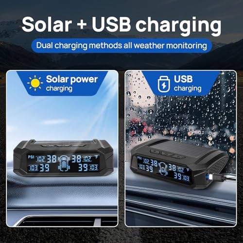 Masoll RV tire Pressure Monitoring System, Wireless TPMS Tire Pressure Monitor System with Solar Charger, RV TPMS with 4 tire Pressure Sensors & 6 Alarm Modes(0-87 PSI)
