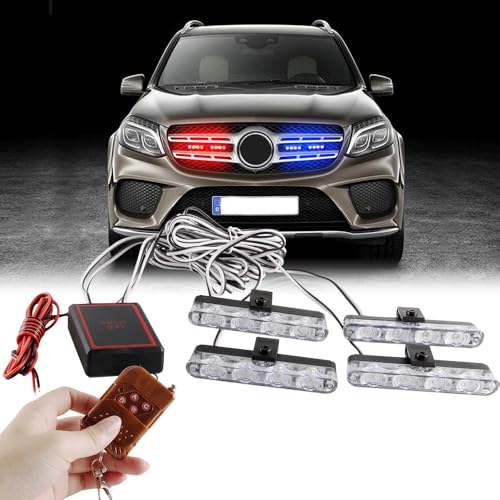 4 in 1 Police Lights 12V Red Blue Hideaway Emergency LED Strobe Lights with 16 Flashing Patterns Wireless Remote Control Grill Strobe Lights for Vehicles Car, Truck, Van, SUV - color: red blue, size: 4 in 1