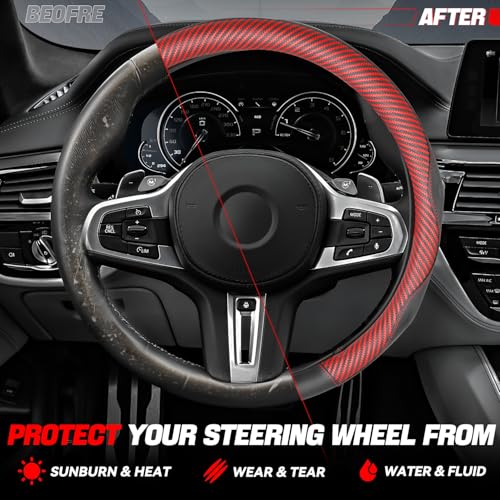 Auto Dynasty Steering Wheel Cover, Breathable Microfiber Leather Car Steering Wheel Protector with Red Black Carbon Fiber Stitching, Anti-Slip, [14 1/2 to 15 Inches] Universal Fit Cars Trucks SUVs - color: Carbon Fiber Red A