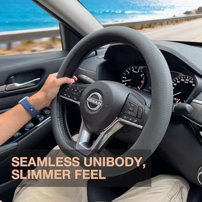 PINCTROT D Shaped Nappa Leather Steering Wheel Cover, Slim Fit No Bulk Design, One Piece Leather with Breathable Perforation, Fit Like Gloves, Flat Bottom 14.5-15 Inch(Nappa Dark Gray) - color: 05.Dark Gray, size: D Shaped/Flat Bottom[14 1/2''-15'']