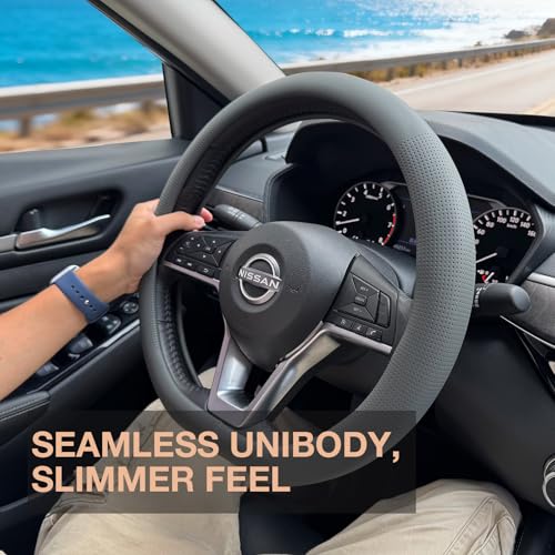PINCTROT D Shaped Nappa Leather Steering Wheel Cover, Slim Fit No Bulk Design, One Piece Leather with Breathable Perforation, Fit Like Gloves, Flat Bottom 14.5-15 Inch(Nappa Dark Gray) - color: 05.Dark Gray, size: D Shaped/Flat Bottom[14 1/2''-15'']
