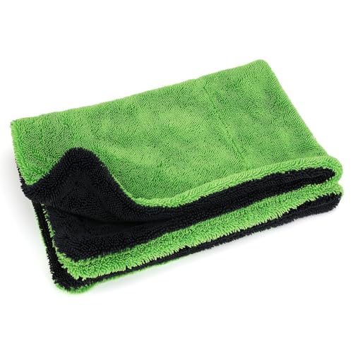 1200GSM Microfiber Car Drying Towel, Double-Twist Loop, Ultra-Absorbent, Quick-Dry, Lint- & Streak-Free, Scratch-Safe, for Car Wash & Detailing (1 Pack) (Dark Grey & Green, 16" x 24") - color: Dark Grey & Green, size: 16" x 24"