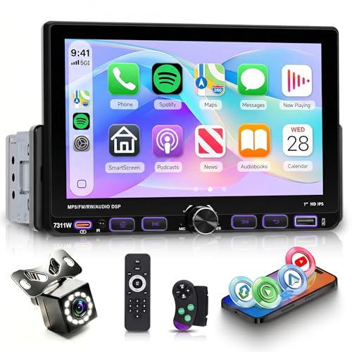 Single Din Radio Car Stereo with Wireless/Wired CarPlay & Android Auto, 7'' Single Din Touchscreen with BT,Mirror Link,FM/AM/RDS,EQ,USB/Type-C,Rear View Camera,SWC,Mic - style: Dual USB & Bottom Buttons