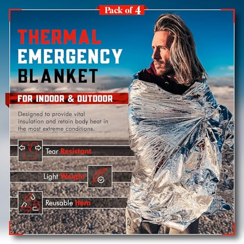 Emergency Blanket 4-Pack Space Mylar Blankets Survival Gear and Supplies Reusable Thermal Camping Hunting Essentials First Aid Car Backpacking Marathon Kit Prepper Go Rave Bug Out Bag Foil Cold Winter - size: 4 Pack