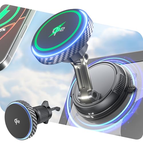 Q2 15W for Magsafe Car Mount Charger, [78+LBS Stronger Vacuum Suction] 360° Adjustable & Fast Charging Magnetic Phone Holder for Vent/Dashboard/Windshield/All Car Surface