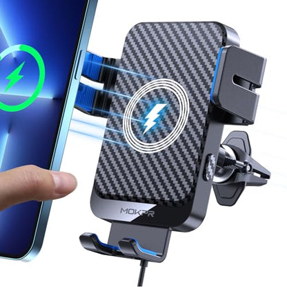 Wireless Car Charger, MOKPR 15W Fast Charging Auto-Clamping Phone Mount Air Vent Cell Phone Holder Compatible iPhone 15/14/13/13 Pro/12 pro/12/11/X/8, Compatible Galaxy S23/S22/S21/S20, etc Blue - color: Blue Arm