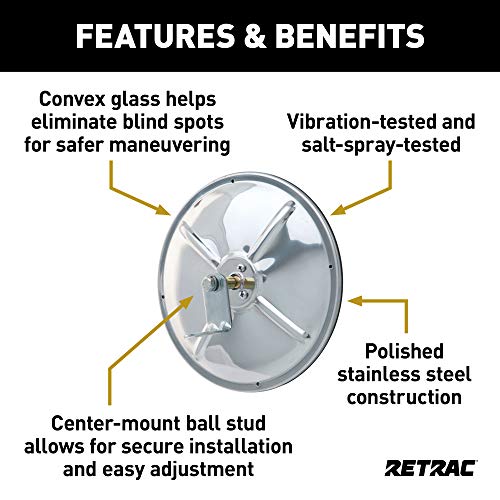 RETRAC 610673 8-Inch Stainless Steel Center-Mount Convex Mirror Head with J-Bracket, Universal Driver or Passenger Side