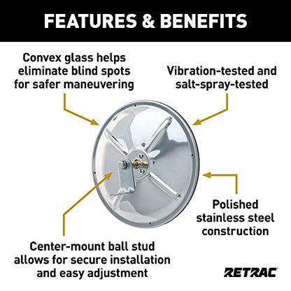 RETRAC 610673 8-Inch Stainless Steel Center-Mount Convex Mirror Head with J-Bracket, Universal Driver or Passenger Side