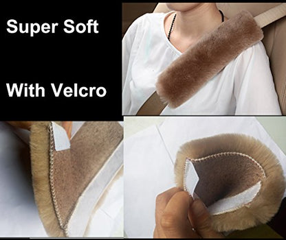 U&M 2 Pack Genuine Sheepskin Auto Seat Belt Cover for Adult Youth Kid Toddlers -Soft Warm Car, Truck, SUV, Camera Backpack Strap Shoulder Pad Wool Fluffy - color: Tan