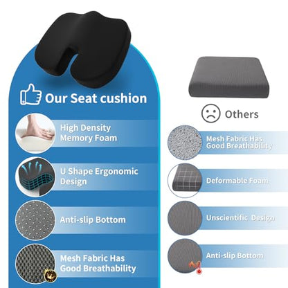 Seat Cushion &Office Chair Cushion,Lumbar Support Pillow for Office Chair,Ergonomic Memory Foam Non-Slip Office Chair Cushion,Back Support Cushions for Tailbone&Sciatica Pain Relief Black