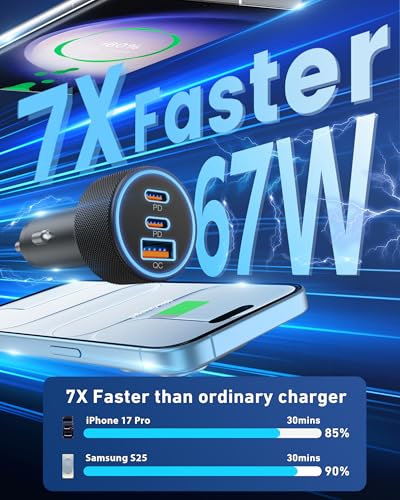 USB C Car Charger, 3-Port 67W Dual USB-C & USB-A Car Power Adapter PD/QC Fast Charging Cigarette Lighter for iPhone 17/16/15/14/13/12/11 Pro Max, iPad, Samsung Galaxy S25 S24/S23/S22, Pixel, Android - style: 1-Pack