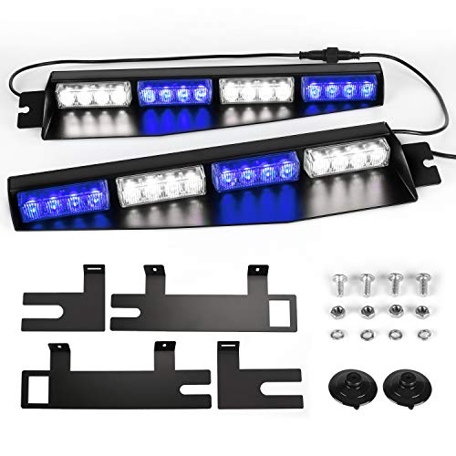 ASPL 32LED Visor Lights 26 Flash Patterns Windshield Emergency Hazard Warning Strobe Beacon Split Mount Deck Dash Lamp with Extend Bracket (Blue/White/Blue/White) - color: Blue/White/Blue/White