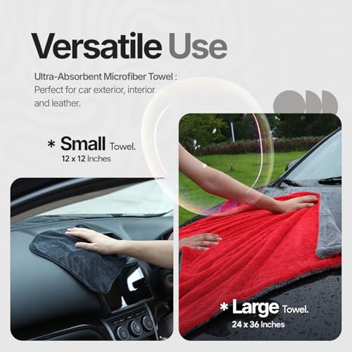 Crystal Clean 1300GSM Microfiber Towels for Cars – XL Drying Towel with Double Twisted Loop, Professional Detailing Towel Car Detailers - Quick Dry, Paint Safe & Swirl-Free (Grey+Red) - color: Grey+red
