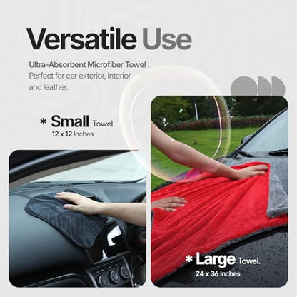 Crystal Clean 1300GSM Microfiber Towels for Cars – XL Drying Towel with Double Twisted Loop, Professional Detailing Towel Car Detailers - Quick Dry, Paint Safe & Swirl-Free (Grey+Red) - color: Grey+red