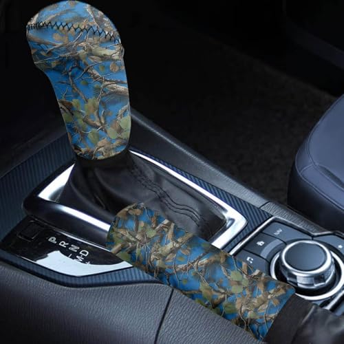 KEIAHUAN Car Handbrake and Gear Shift Knob Cover 2 Piece Anti-Slip Comfort Automobile Hand Brake Cover Car Interior Accessories for SUV,Sedan,Truck,Van, Blue Branch Camo Hunting - color: Blue Branch Camo Hunting