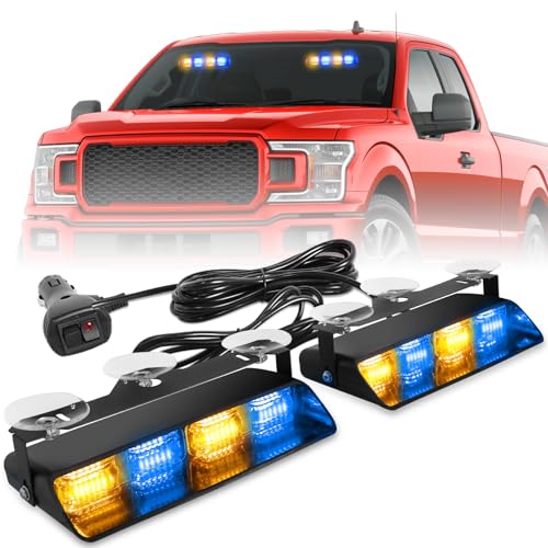 HLauto 2002L Emergency Dash Strobe Lights: Amber Blue Safety Lights, Flashing Warning Hazard Windshield Visor Traffic Light Bars for Trucks, Construction Vehicles (2x8.5 inch, 48LED) - color: Amber/Blue