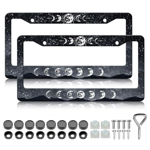 HCSS Moon Phase License Plate Frames - 2 Pack Starry Sky Mountains License Plate Holder, Stainless Steel Rust-Proof Waterproof Car Decorative Tag Frame for Standard US 12x6 Inch - color: Moon Phase Starry Sky Mountains