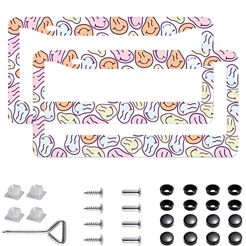 2Pcs Funny Smile License Plate Frames Cover Holders Stainless Steel Funny Smiley License Plate Cover with Screw Caps Cover and Screwdriver Set - 2-Hole for Girl Women (Boho Pattern) - color: Funny Smiley