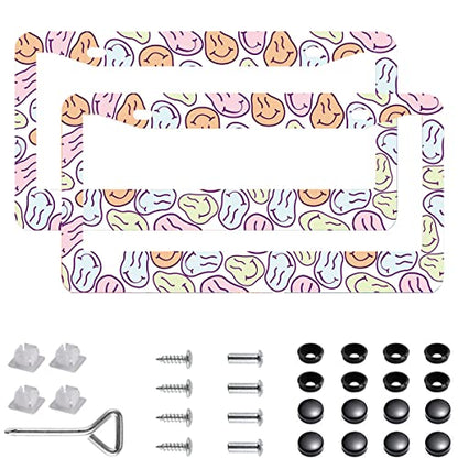 2Pcs Funny Smile License Plate Frames Cover Holders Stainless Steel Funny Smiley License Plate Cover with Screw Caps Cover and Screwdriver Set - 2-Hole for Girl Women (Boho Pattern) - color: Funny Smiley