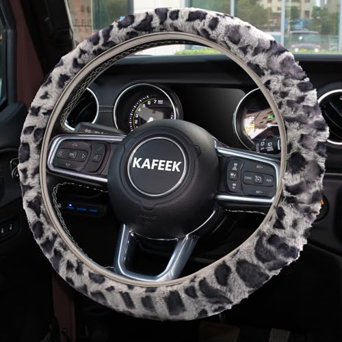 KAFEEK Elastic Long Microfiber Plush Steering Wheel Cover for Winter Warm, Universal 15 inch, Anti-Slip, Odorless, Leopard Gray - color: Leopard