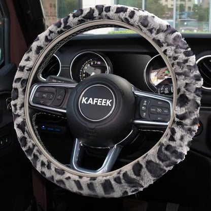 KAFEEK Elastic Long Microfiber Plush Steering Wheel Cover for Winter Warm, Universal 15 inch, Anti-Slip, Odorless, Leopard Gray - color: Leopard