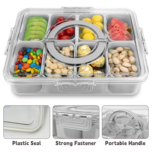 Divided Serving Tray with Lid and Handle,8 Compartments Snacks Box,Snack Fruit and Veggie Tray,Portable Platter for Candy Fruits Nuts Snack Party Entertaining Picnic (2 PCS Grey) - color: 2pcs-serving-tray-grey