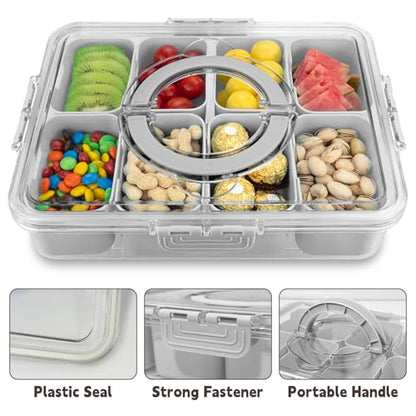 Divided Serving Tray with Lid and Handle,8 Compartments Snacks Box,Snack Fruit and Veggie Tray,Portable Platter for Candy Fruits Nuts Snack Party Entertaining Picnic (2 PCS Grey) - color: 2pcs-serving-tray-grey