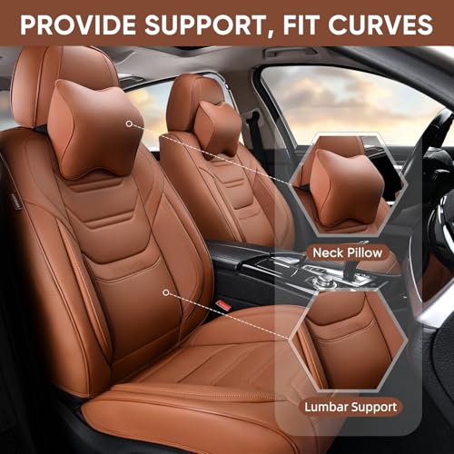 TIEHESYT Car Seat Covers Full Set, Breathable Leather Automotive Front and Rear Seat Covers & Headrest for Reduce The Driving Fatigue, Compatible with Most Vehicles, Cars (Brown, Front Pair and Rear) - color: Mature Brown, size: Front Pair and Rear