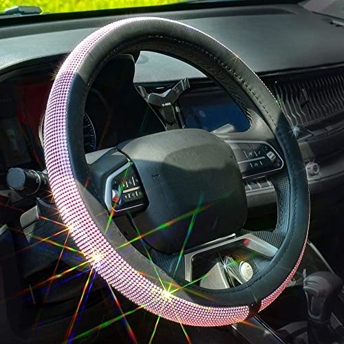 New Diamond Leather Steering Wheel Cover with Bling Bling Crystal Rhinestones, Universal Fit 15 Inch Car Wheel Protector for Women Girls,Pink & White Diamond - color: Pink Crystal Holder White Diamond, size: Standard Size[14"1/2-15"]