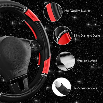Road Comforts Leather Steering Wheel Cover - Made with PVC Leather - Anti-Slip, Universal Fit 14 1/2 inches to 15 inches - Red - color: Red