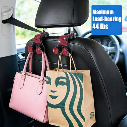 Bling Car Purse Hooks 2Pcs, Durable Car Headrest Hook, Holds 44Lbs, Double-Hooks, Wide-Opening, Rhinestone Automobile Purse Hangers Holder, Bling Car Accessories for Women, Red - color: Bling Red