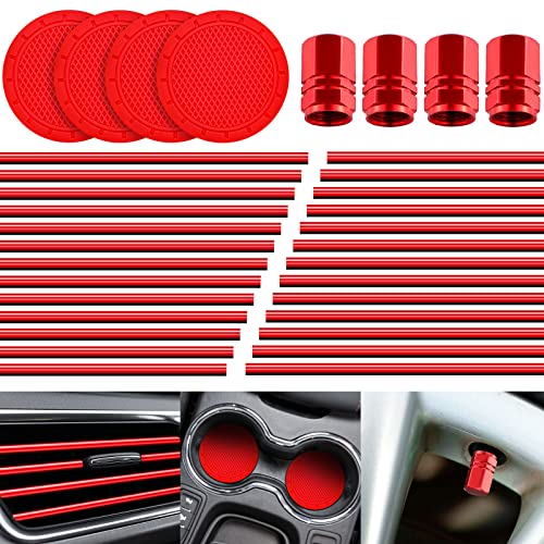 Frienda 28 Pcs Car Interior Accessories Including 20 Pcs Car Air Conditioner Decoration Strip 4 Non Slip Silicone Car Cup Coaster 4 Car Tire Valve Stem Caps for Most Cars SUVs Trucks(Red) - color: Red