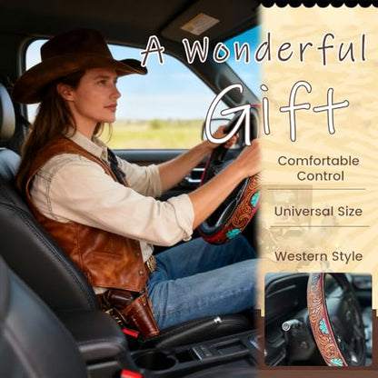 Western Cowboy Steering Wheel Cover Leather, Retro Car Tooled Leather Steering Wheel Cover, Embossed Hand-Painted Universal Anti-Slip - color: P Color