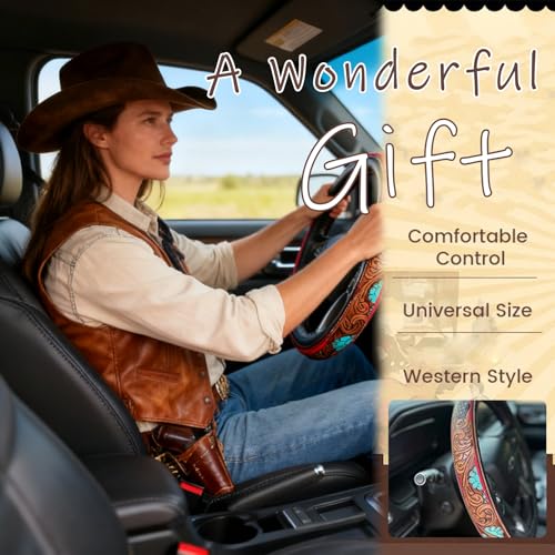 Western Cowboy Steering Wheel Cover Leather, Retro Car Tooled Leather Steering Wheel Cover, Embossed Hand-Painted Universal Anti-Slip - color: B Color