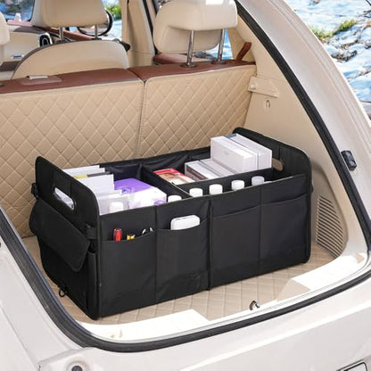 Car trunk storage box Foldable sedan SUV Universal outing travel good goods Multi compartment partition with handle (brown) - color: brown