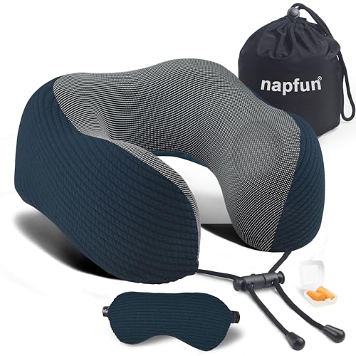napfun Neck Pillow for Travel with Travel Pouch, Sleep Mask & Earplugs, Memory Foam Airplane Pillow for Headrest Sleep with Eyeshades, Plane Essentials with Eye Blindfold, Deep Blue Striped Kit - color: Deep Blue Striped Kit
