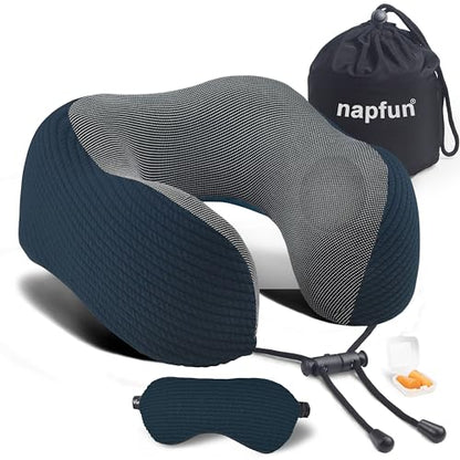 napfun Neck Pillow for Travel with Travel Pouch, Sleep Mask & Earplugs, Memory Foam Airplane Pillow for Headrest Sleep with Eyeshades, Plane Essentials with Eye Blindfold, Deep Blue Striped Kit - color: Deep Blue Striped Kit