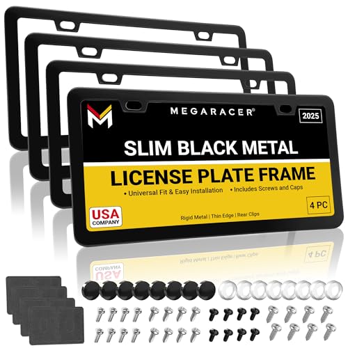 Premium Slim Matte Black License Plate Frames – Best Value 4 Pack, Rust-Free Stainless Steel & Rattle-Free, Street Legal, Universal with Screw Caps, Thin Edged Metal Front & Rear Car Tag Holders - color: Black, size: 4 Piece