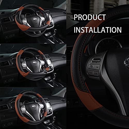 Leather Car Steering Wheel Cover, Non-Slip Car Wheel Cover Protector Breathable Microfiber Leather Universal Fit for Most Cars(Brown) - color: Brown