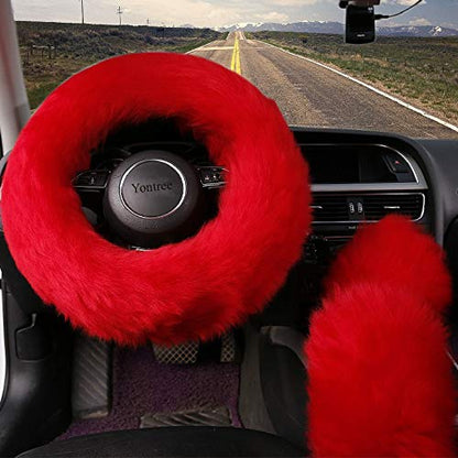 Yontree Fashion Fluffy Steering Wheel Covers for Women/Girls/Ladies Australia Pure Wool 15 Inch 1 Set 3 Pcs (Red) - color: Red, size: Long Wool