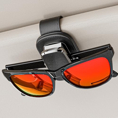 Sunglass Holder for Car Visor, One-Handed Operation Leather Sunglasses Clip with Soft Padding, Auto-Clamping Eyeglasses Organizer for Sun Visor, Universal Car Accessories (Black) - color: Black