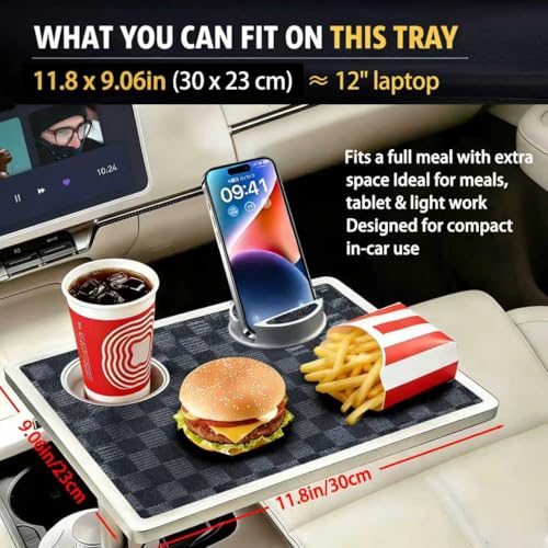 Car Food Tray & Car Table Tray with Car-Grade Aluminum Cup Holder & Phone Stand,360° Rotating Car Desk for Laptop & Eating, Compatible with Tesla Model Y/3/S, Best Fit Round Cup Holder (2.28" - 3.66") - color: 𝗦𝗾𝘂𝗮𝗿𝗲 · Grey&Black